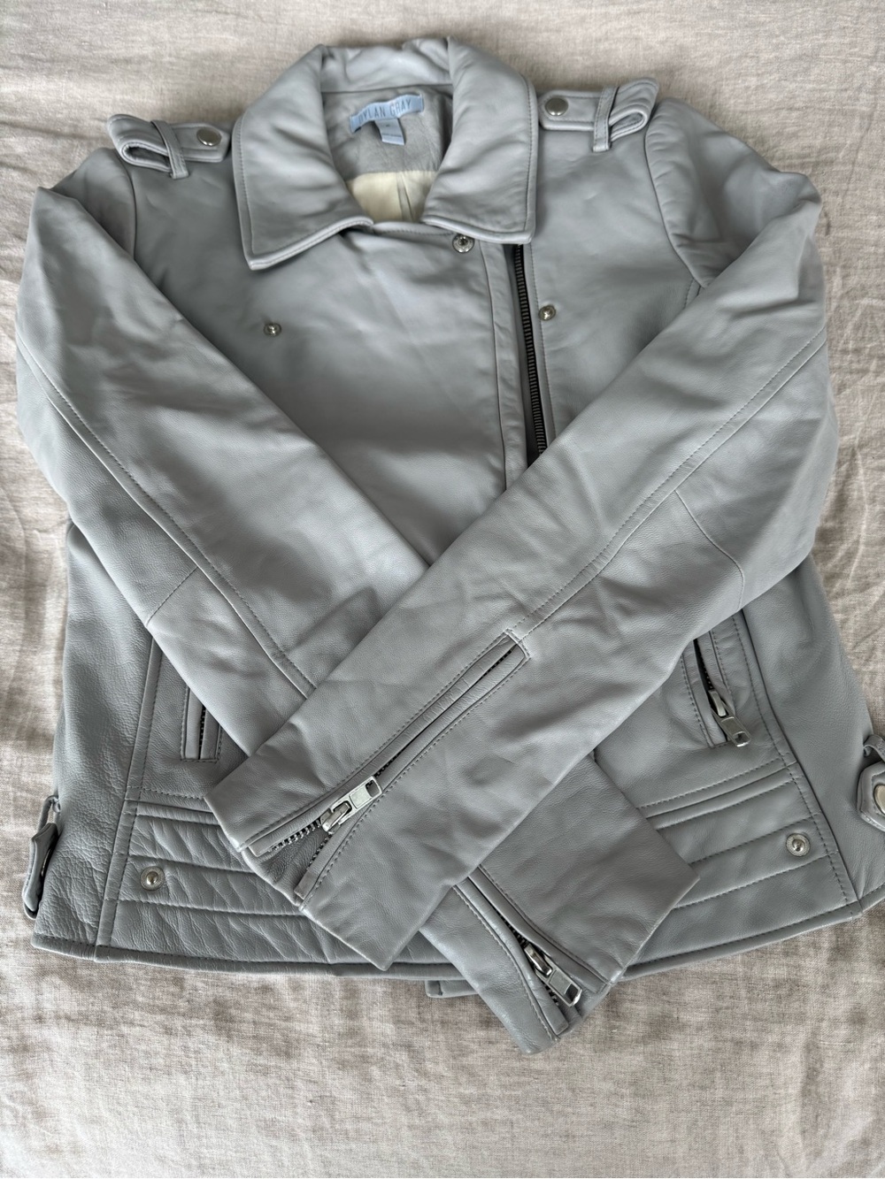 Light Gray Leather Moto Jacket by Dylan Gray